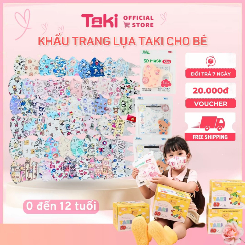    Thùng 100c   Khẩu trang Vải Lụa 5d bé Taki cao cấp Mềm Mịn - Ngăn Ngừa Bụi Mịn - Chống Tia UV 