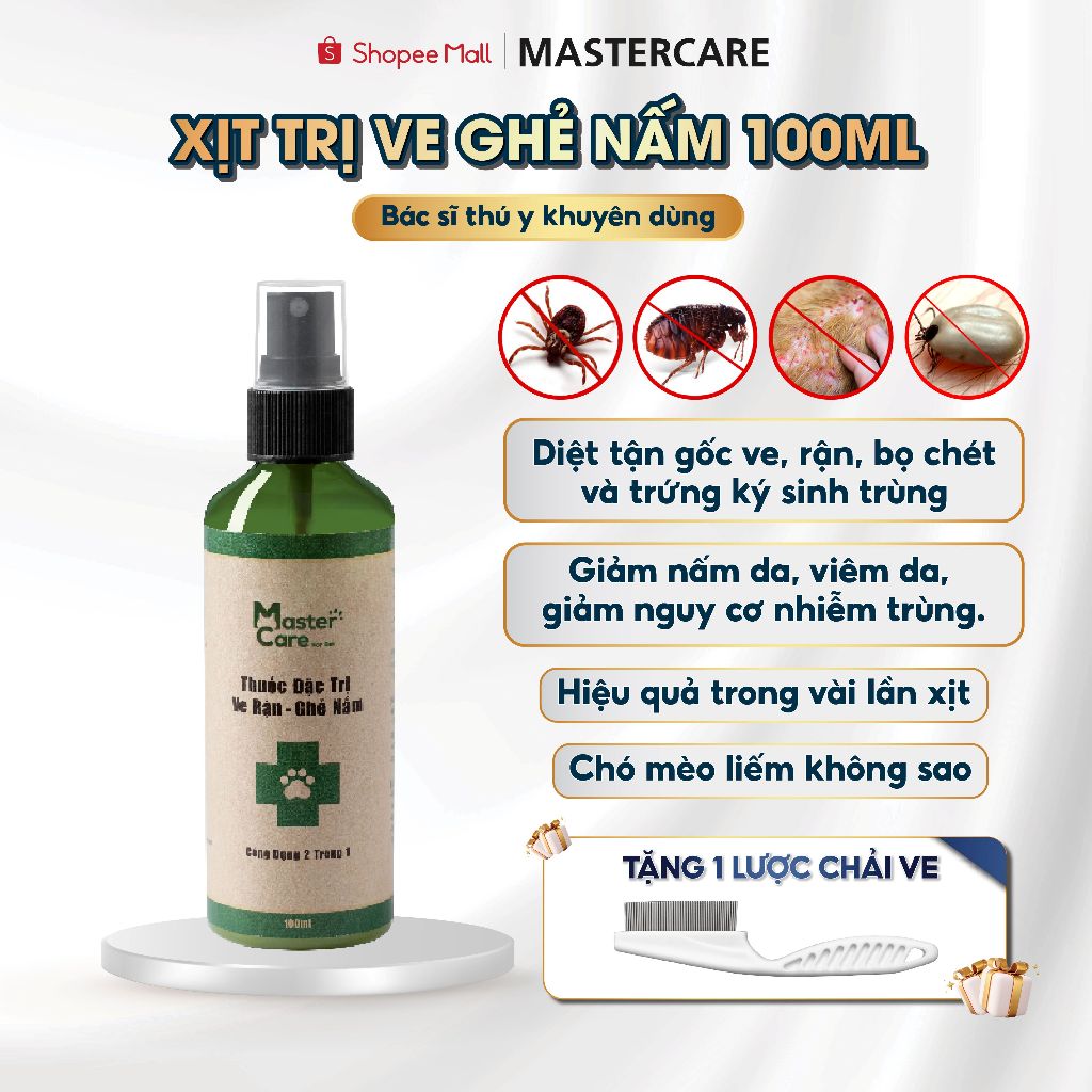 Xịt Ve,Ghẻ,Nấm,Rận Chó Mèo MASTERCARE Giúp Bé Luôn Khỏe Mạnh Ngăn Ngừa Các Bệnh Về Da Và Nơi Ở 100ml