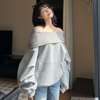  SẴN Áo thun trễ vai vải nỉ màu xám có túi dạng sweater xinh dài tay dáng rộng y2k style Âu Mỹ cá tính style girl 