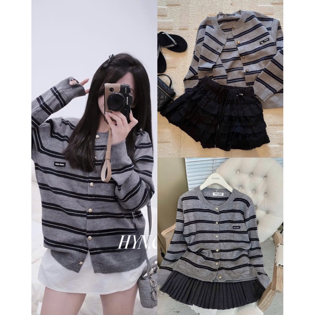 GIANG.CLOSET- Áo len cardigan kẻ ngang màu ghi miumiu