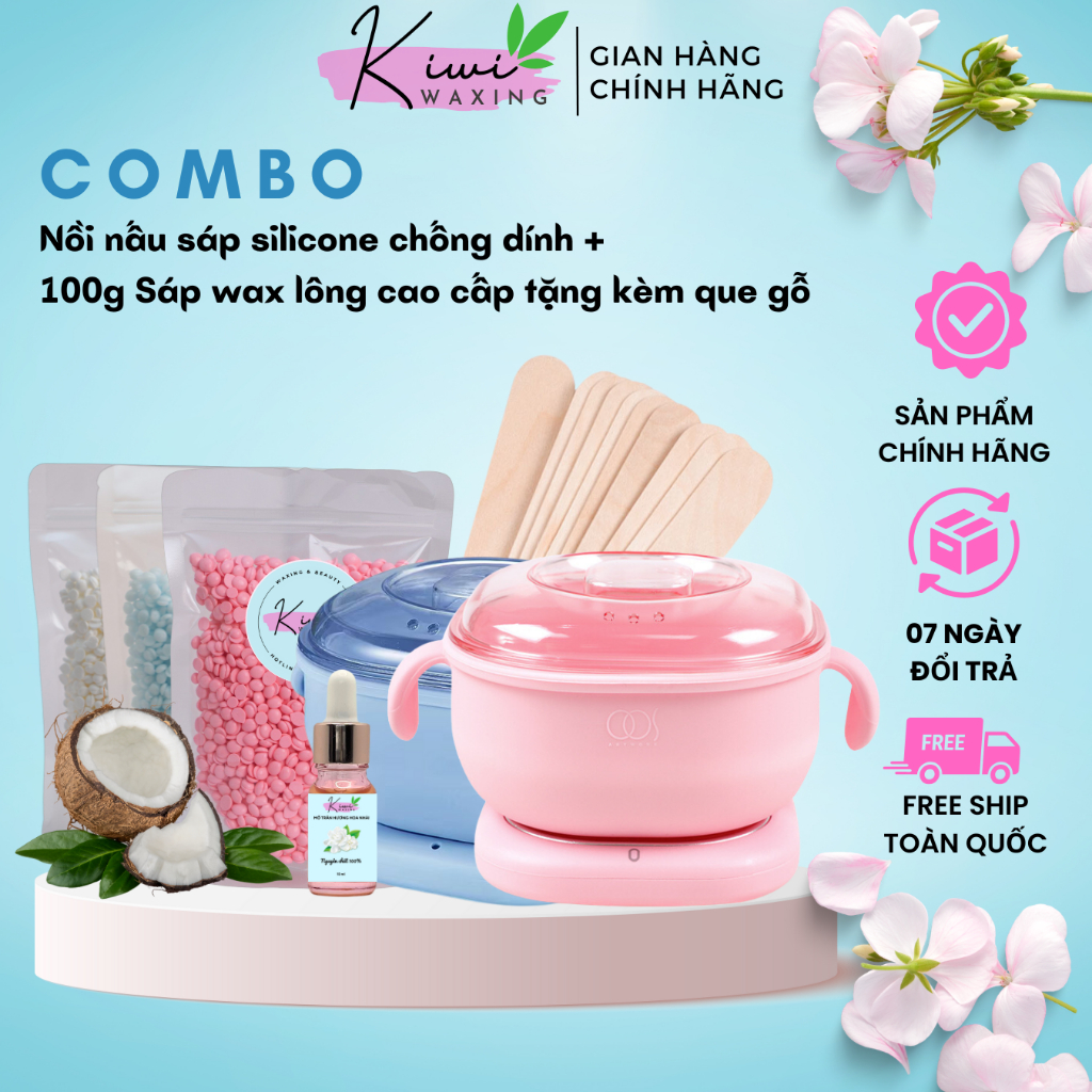 COMBO Nồi Nấu Sáp Silicone Và Sáp Wax Lông Nóng KIWI WAXING Dành Cho Nách, Body, Bikini Tặng que wax
