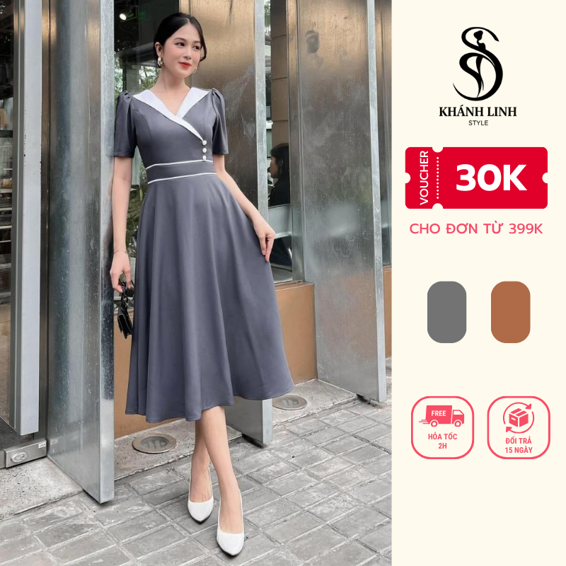 Đầm trung niên cho Mẹ đi làm, đi tiệc dáng xòe, cổ phối trắng thanh lịch DA012 Khánh Linh Style