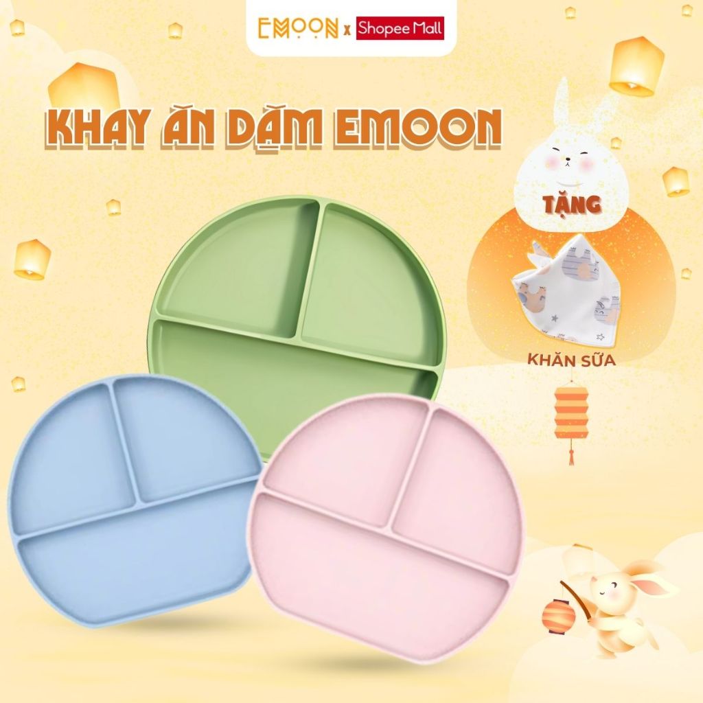 Khay ăn dặm Silicone Emoon 3 ngăn rộng rãi và có thiết kế đế hít chống lật đổ an toàn cho bé