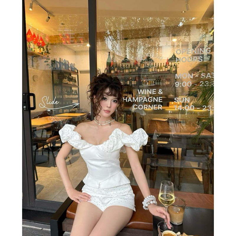 (tách set) Sonatop & quần short / Áo trễ vai tay bồng phối Bèo kèm Quần short Chấm bi - QuynhTrangBasic