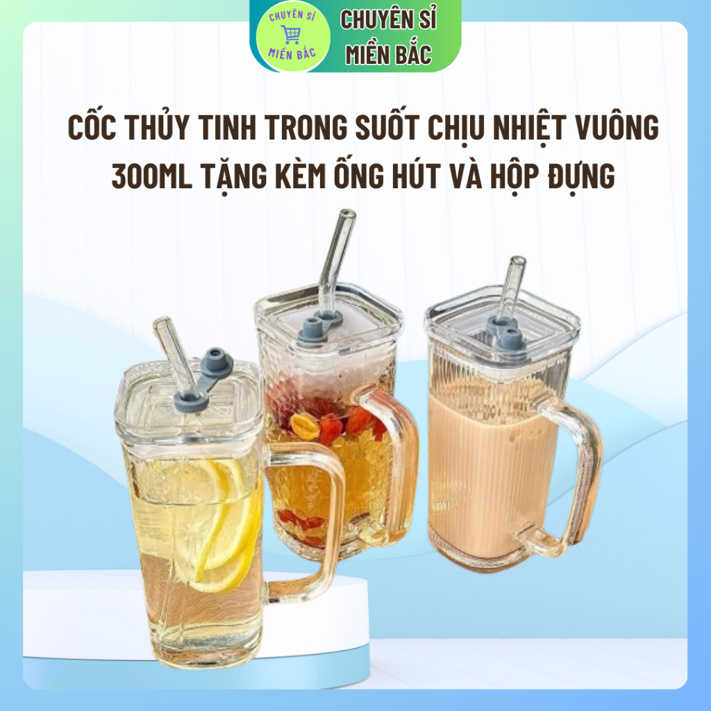 Cốc Thủy Tinh Trong Suốt Chịu Nhiệt Vuông 300ml tặng kèm ống hút và hộp đựng