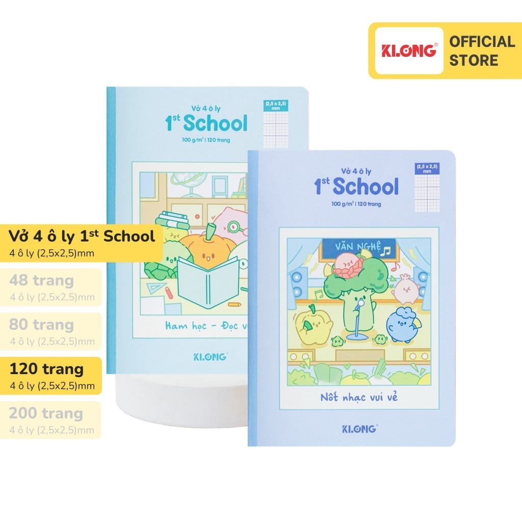 Tập 4 ô ly (giá sỉ) may dán gáy 1st School Fruity KLONG B5 120 trang 100/92; MS: 028