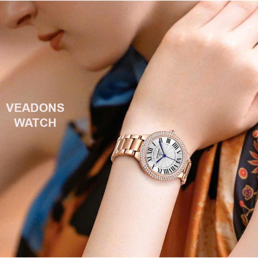 Đồng hồ nữ VEADONS cao cấp chính hãng dây đeo bằng thép không gỉ chống thấm nước đính đá thời trang