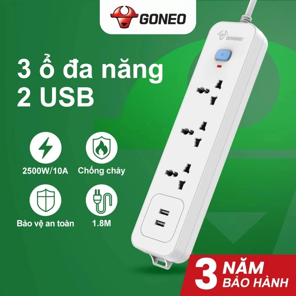 Ổ cắm điện Gongniu N103U - 3 ổ đa năng + 2 USB, chống cháy, dây dài 1.8m, màu trắng