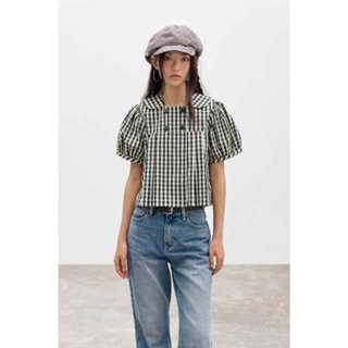 LIBÉ WORKSHOP - Áo kiểu tay phồng cổ lá sen họa tiết caro - 3006266487324