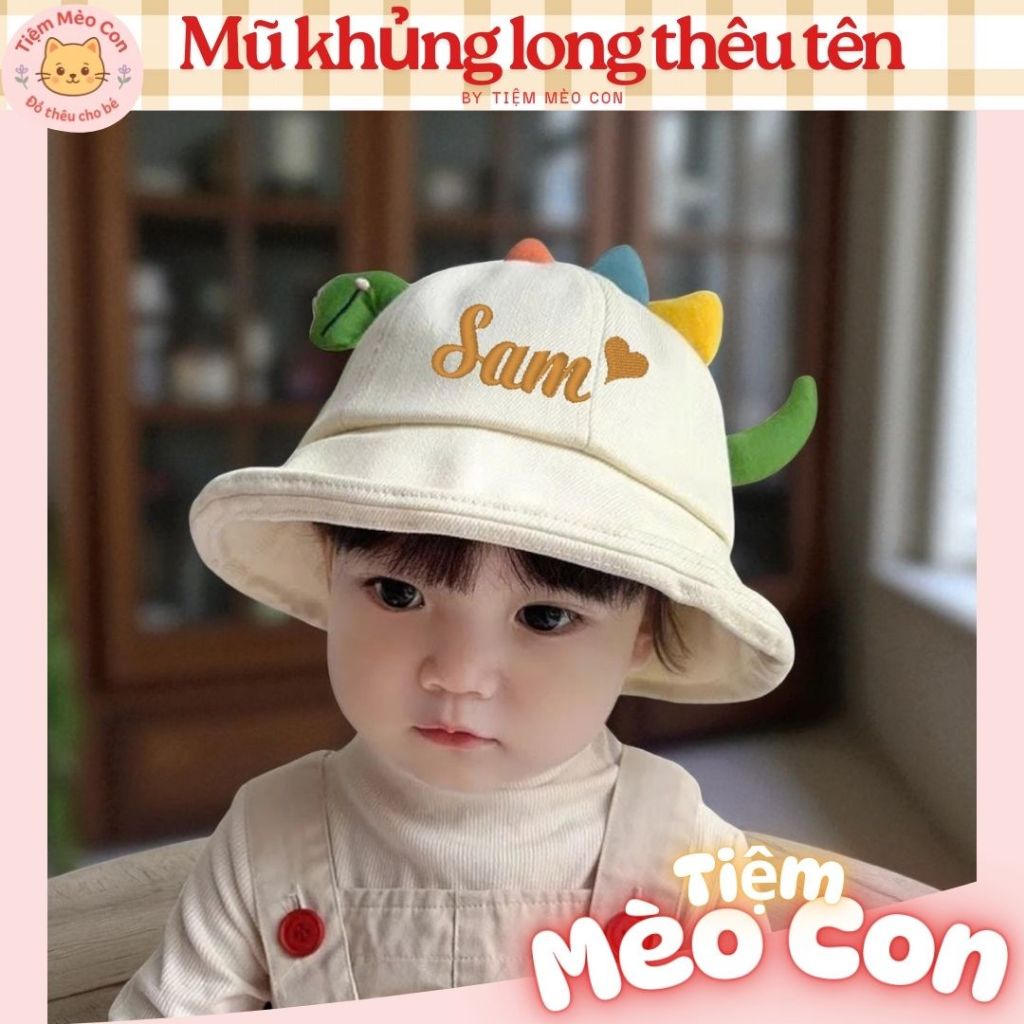 {MIỄN PHÍ THÊU TÊN} Mũ chống nắng cho bé mầm non,nón vành mẫu giáo khủng long siêu đáng yêu thêu tên