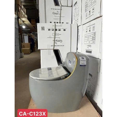 Bồn Cầu Trứng, Bệt Trứng, Bồn Cầu Một Khối, Bệt Liền Khối XÁM CHỈ VÀNG Xả Xoáy 2 Lỗ Mạnh Cầu Trứng L