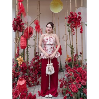 Set áo hai dây gấm phối hoa họa tiết kèm quần lưng chun Ảnh thật