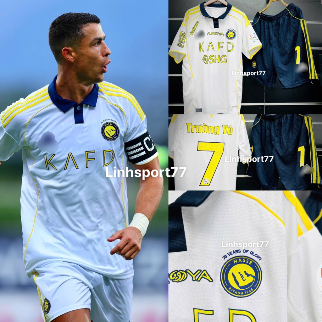 Bộ Quần Áo Bóng Đá Al Nassr Ả Rập 25 26 Áo Trắng Vàng Quần Xanh Vải Ánh Ki