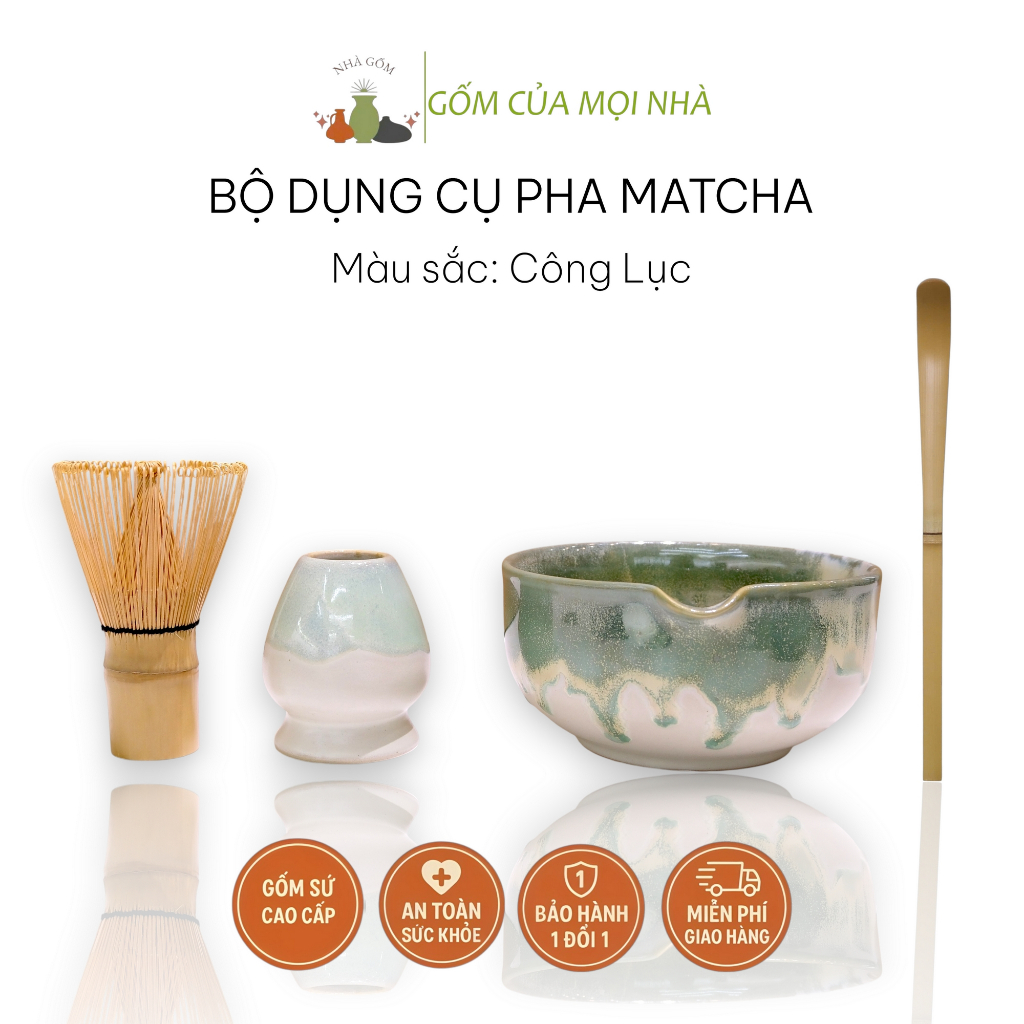 Bộ Dụng Cụ 4 Món Pha Matcha Men Hỏa Biến Gốm Bát Đánh Chawan, Đế Gác Chổi, Muỗng Chasaku, Chổi Chasen - Gốm Sứ Bát Tràng