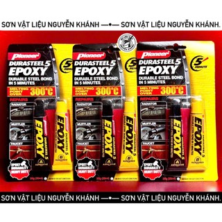 Keo dán Epoxy 2 thành phần Pioneer Plus Five – màu xám & trong, chịu nhiệt 300°C, dán kim loại, kính, gỗ, bê tông