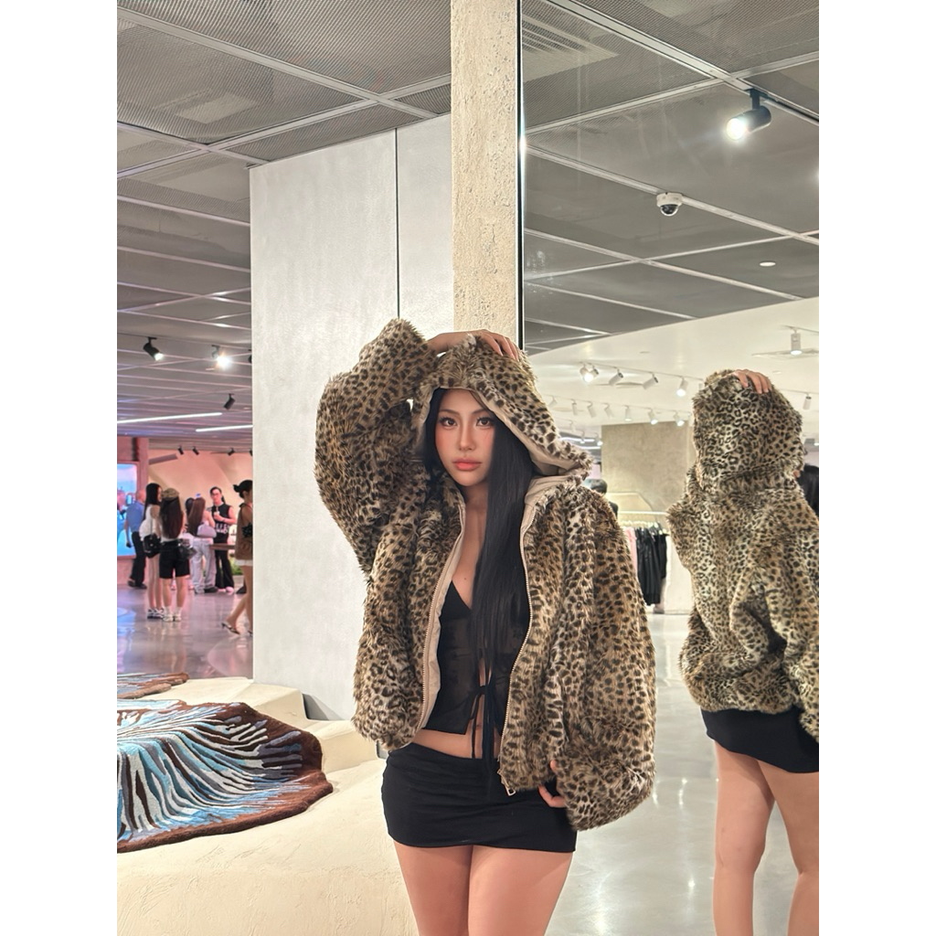 LIPSHE | GRIZZ ÁO KHOÁC LÔNG GIẢ NÂU BEO CÓ DÂY KÉO KHOÁ