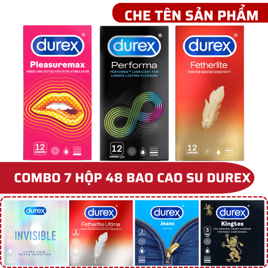 Combo 7 Hộp 48 cái bao cao su Durex performa, invisible, kingtex, pleasuremax, fetherlite, ulitma