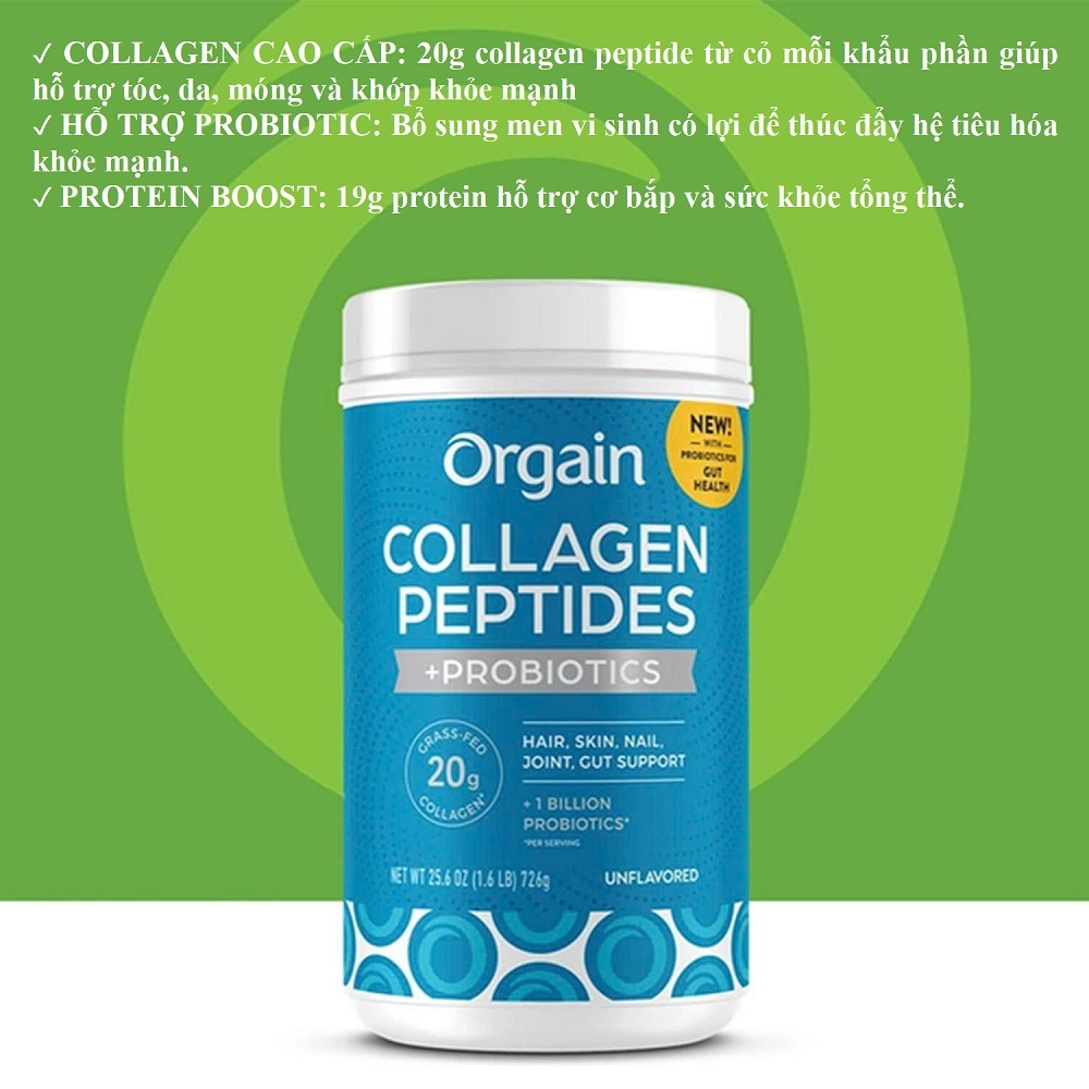 Bột Không Hương Vị Orgain Collagen Peptides + Probiotics 726g