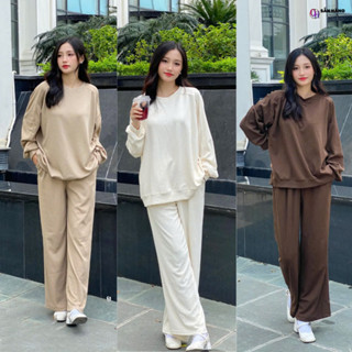 Set nỉ tăm cổ tròn kèm quần dài chun - Bộ Đồ Nữ Dài Ống Rộng Thu Đông Áo Sweater (ảnh thật) - CHP G
