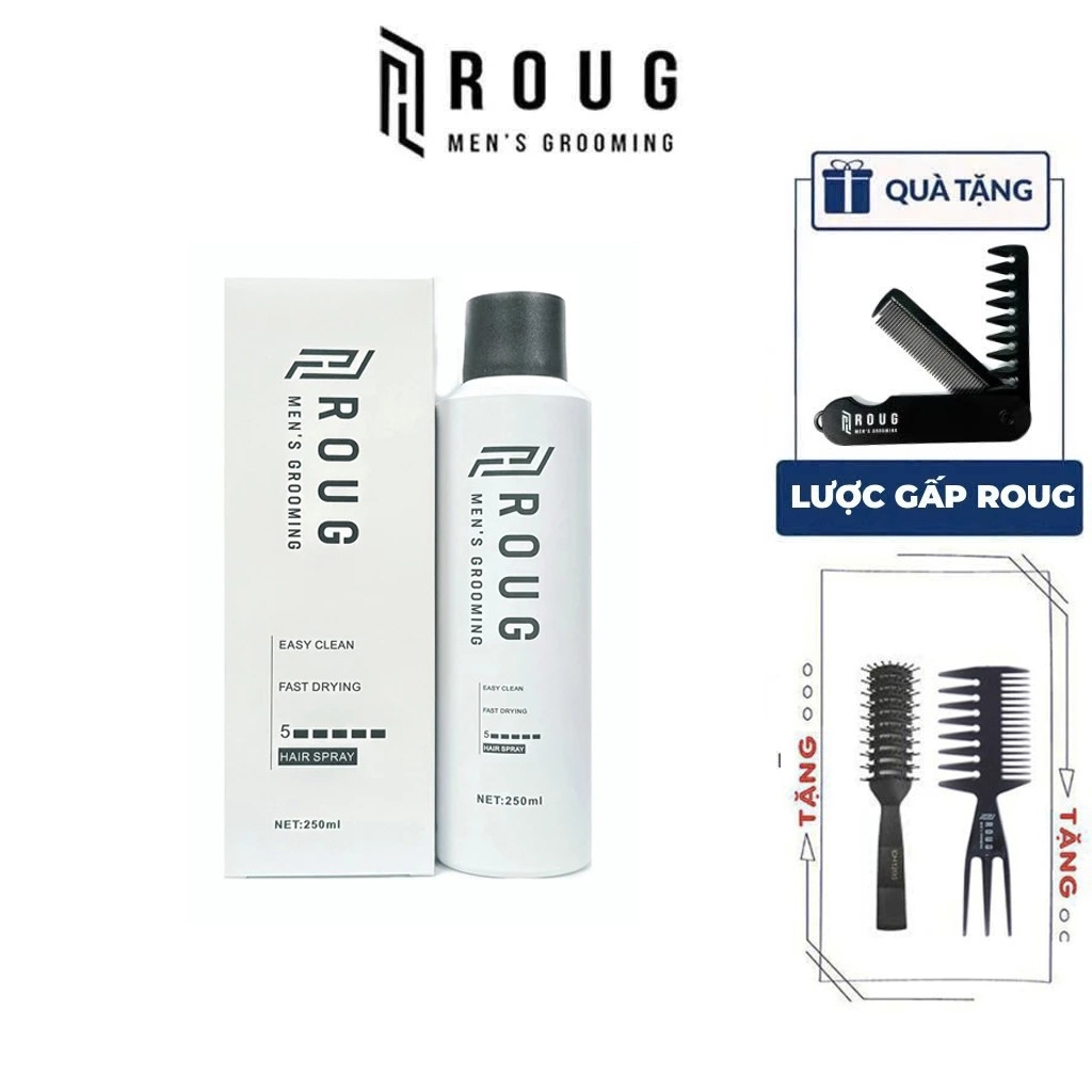 Gôm xịt tóc nam nữ Roug Hair Spray 250ml chính hãng cao cấp + Tặng 2 Lược tạo kiểu tóc