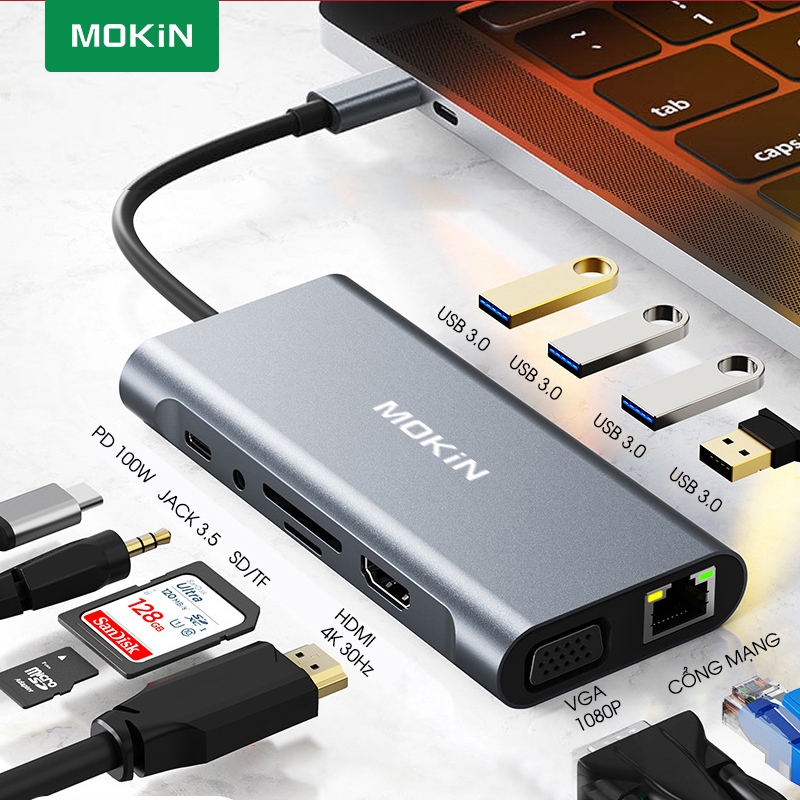 11 in 1 Hub hia cổng USB 3.0 bộ chuyển đổi Hub chuyển đổi USB C Type C to HDMI LAN VGA SD TF Hub cổn