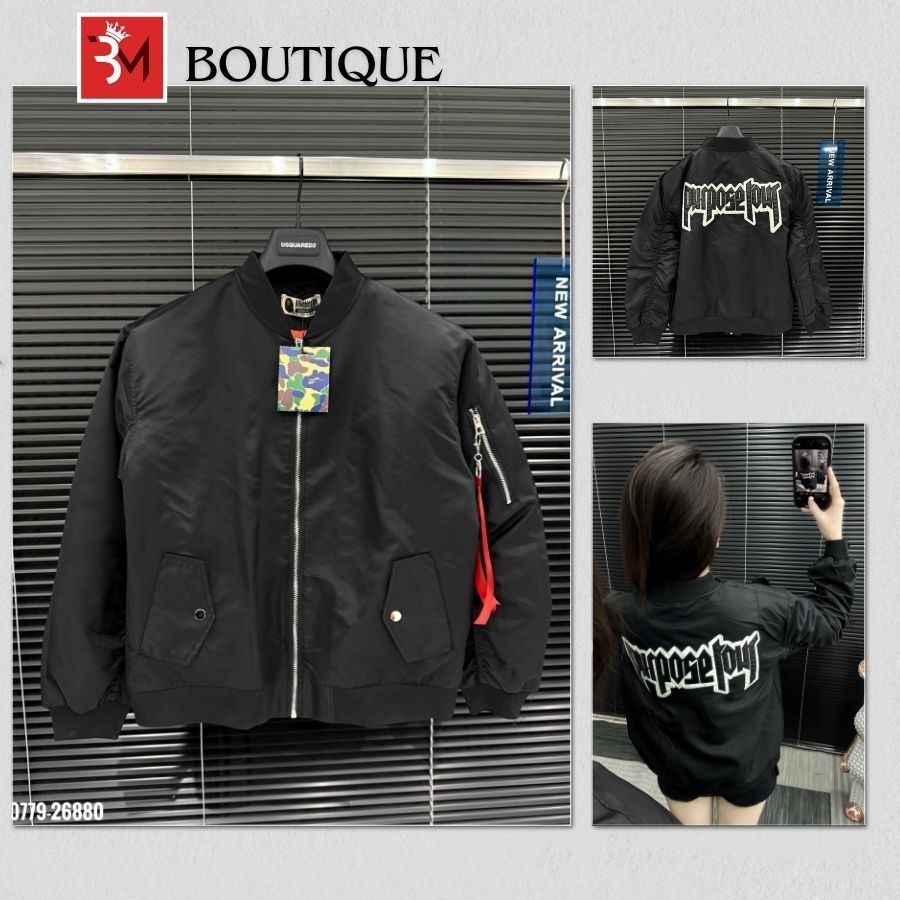 Áo Khoác Bomber Thêu Chữ Purpose Tour Tay Phồng Siêu Chất - Áo Khoác Bomber Nam Nữ Trần Bông 880779