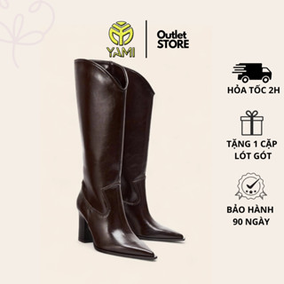  Bốt Ống Cao Đến Đầu Gối Giày Boot Nữ Cao Bồi Ống Đứng Vạt Chéo Mũi Nhọn Gót Vuông 9cm Màu Nâu Bóng Bốt Xuất Xịn YAMI 