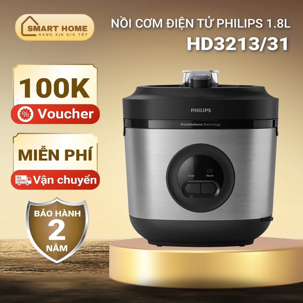 Nồi cơm điện Philips 1.8L HD3213, công suất 600W, lòng nồi 5 lớp, giữ nhiệt đến 48h, bảo hành 2 năm