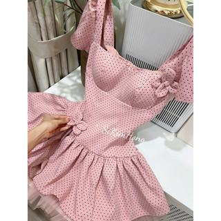  D293 ĐẦM THIẾT KẾ TAY NGẮN ĐÍNH HOA 3D DÁNG XOÈ PHỐI LƯỚI NGẮN DỄ THƯƠNG CHUN SAU EO TÔN DÁNG  freesize eo dưới 74cm  