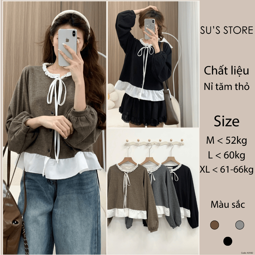Áo Nỉ Tăm Thỏ Phối Cổ Bèo Nơ Buộc A3182 Su Chang Thời Trang Nữ Bigsize