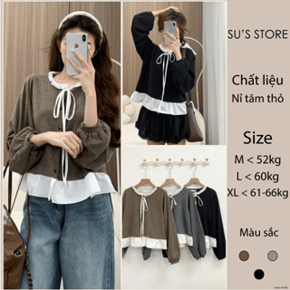 Áo Nỉ Tăm Thỏ Phối Cổ Bèo Nơ Buộc A3182 Susstore Thời Trang Nữ Bigsize