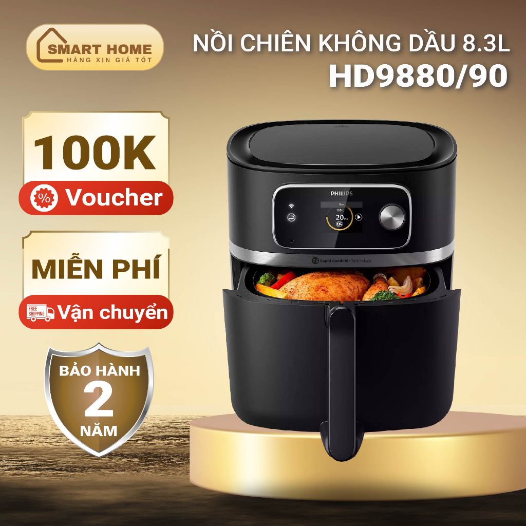 Nồi chiên không dầu điện tử Philips HD9880, dung tích 8.3L, công suất 2000W, bảo hành 2 năm