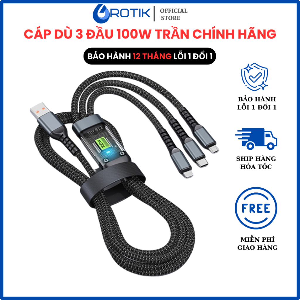 Dây Cáp Dù 3 Đầu 100w (3in1 trong suốt), Cáp sạc siêu nhanh 3 đầu 100W Micro USB Type C, Truyền Tải 