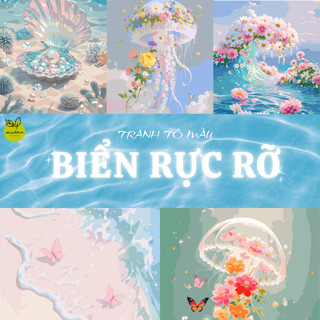   HỎA TỐC  TỔNG HỢP tranh tô màu theo số BIỂN RỰC RỠ kích thước 40x50cm đã căng khung sẵn màu và cọ 