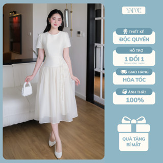  Váy Nữ Dáng Xòe YAME Tay Ngắn Vải Chéo Phối Tơ Cổ Tròn Thanh Lịch Kèm Đai Hoa,Thiết Kế Công Sở YV715 