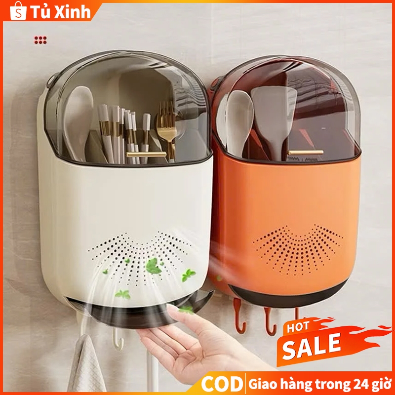 Hộp đựng đũa muỗng treo tường KACOO thoáng khí ngăn ẩm mốc, Ống đựng đũa có nắp đậy tích hợp móc treo