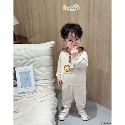 Set bộ thun dài tay Beemo phối mũ in hình sư tử vải thun co giãn cho bé trai từ 9-24kg 5330BDB