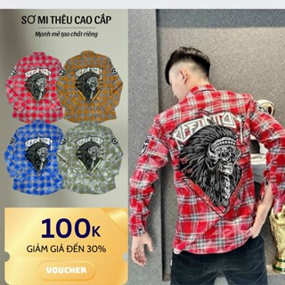 Áo Sơ Mi Caro Nam Thêu Hình Cá Tính Boy Phố Thời Thượng Chất Nỉ Cotton Thoáng Mát Menswear 8287