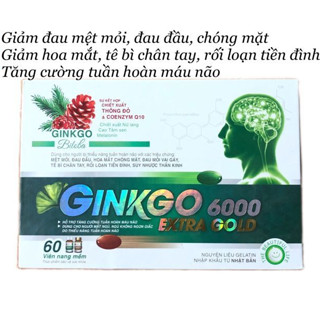  Viên uống bổ não Ginkgo 6000 Extra Gold hỗ trợ tăng cường máu lưu thông giúp giảm đau đầu mất ngủ hay quên lọ 60 viên 
