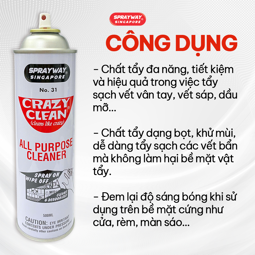Chai Xịt Tẩy Rửa Đa Năng, Dạng Bọt Tuyết - Sprayway Crazy Clean 31 - Made in USA, Dễ dàng tẩy sạch c