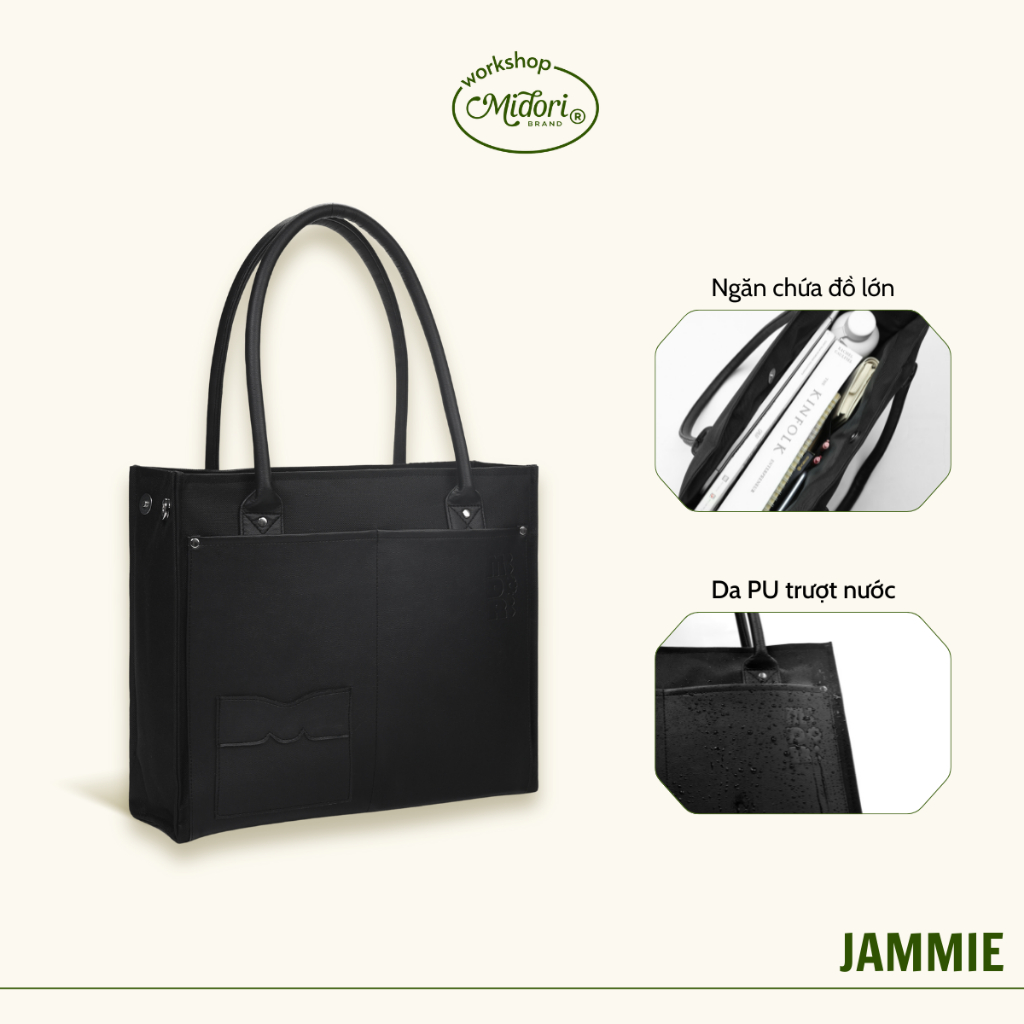 Túi Xách Jammie Tote Nam Nữ Vải Phối Da PU Đeo Vai Đựng Laptop Đi Học Làm | Mi Midori