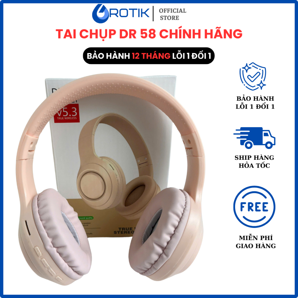 Tai Chụp DR 58, Tai Nghe Bluetooth Chụp Tai D-Rock DR58 Âm Bass Mạnh, Tai Nghe Không Dây Có Mic, Bảo