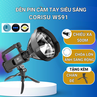 Đèn pin W591 siêu sáng chiếu xa 500m, có chân đế chống nước, pin sạc ngược cho điện thoại bảo hành 1 năm