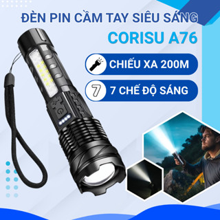 Đèn pin Corisu A76 siêu sáng chiếu xa 200m có zoom xa gần, chống nước IPX4, pin trâu 7 chế độ sáng