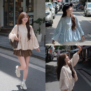 Áo đũi phồng babydoll dây nơ tay dài cài cúc Nữ the.sweaterweather TSW