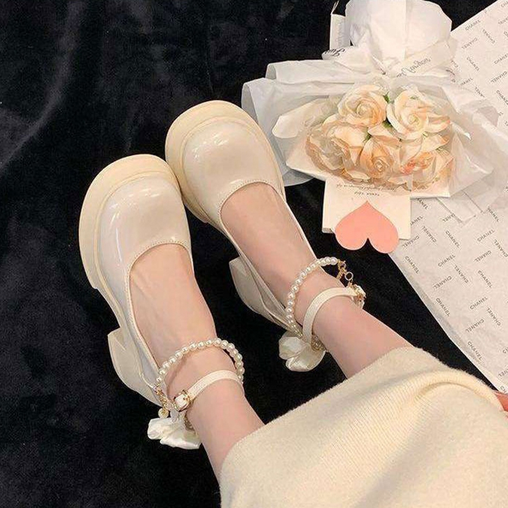 Giày Búp Bê Nữ 7p,Mũi Tròn Gót Dày Thiết Kế Khóa Giày lolita đế cao,cỡ35-40