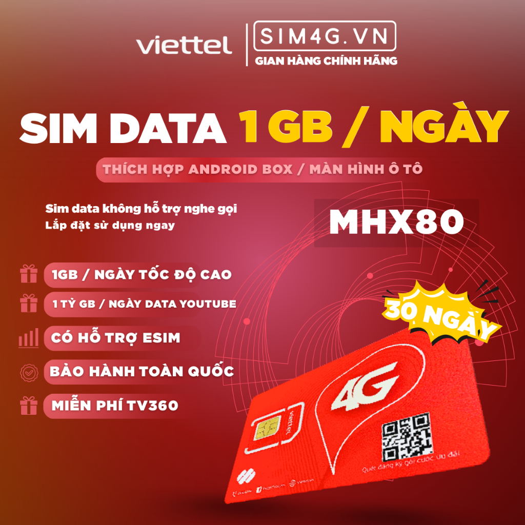 [Sim Viettel Data 1Tỷ GB ]Dùng cho Cho Màn Hình Xe Ô Tô- Androi box MXH80