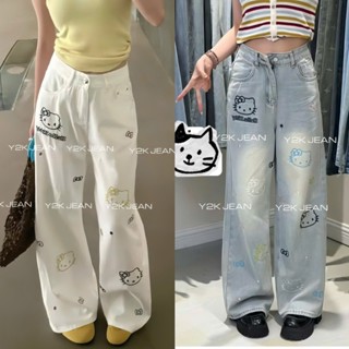 (NEW 2025 - NẤM  LÙN và quần thường) Quần Jean ống suông nữ cạp cao cho Nấm lùn tone màu xanh bụi phối hoạ tiết Kitty