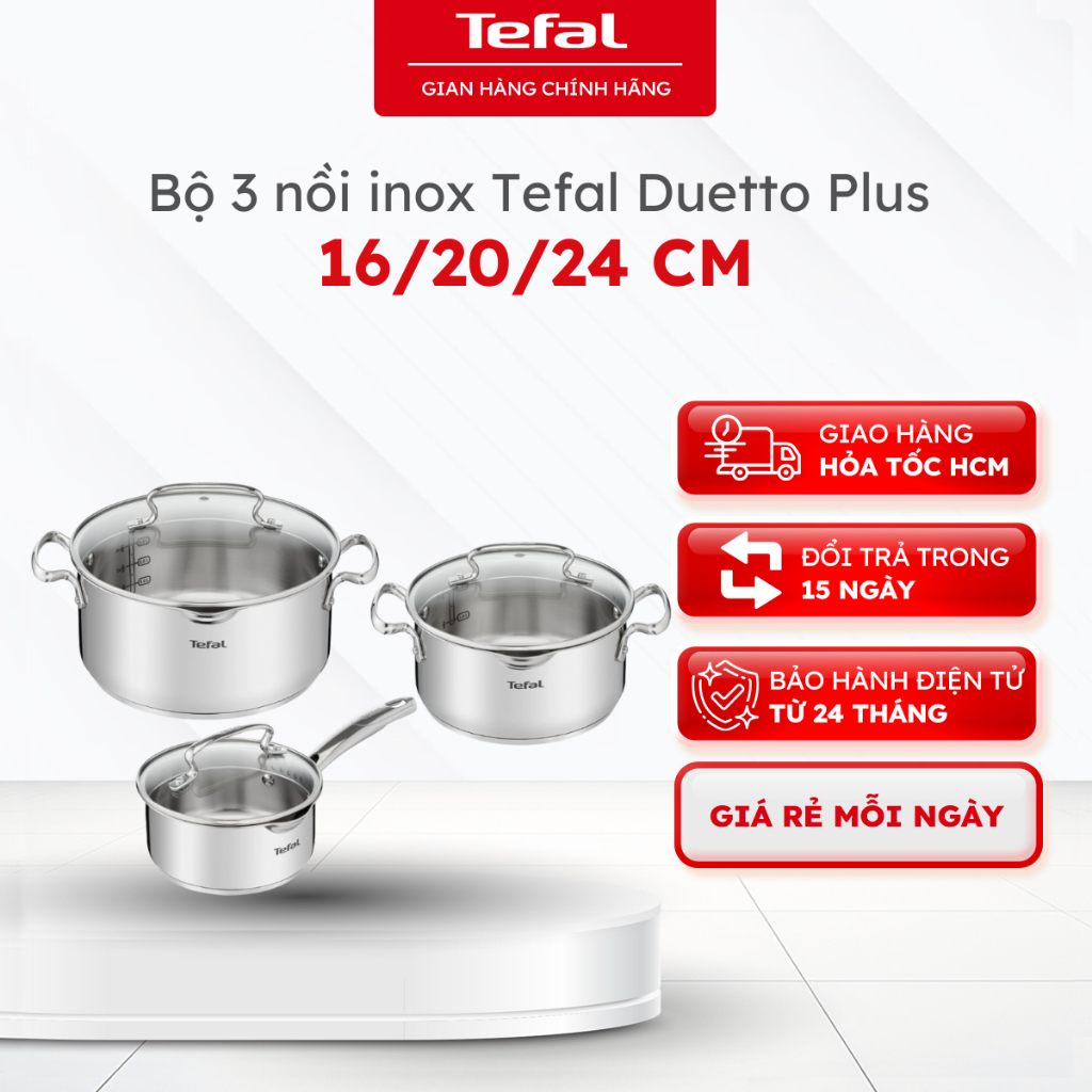 Bộ 3 nồi inox Tefal Duetto Plus G719S674, 16/20/24 cm, inox 18/10, mọi loại bếp | BH 24 tháng