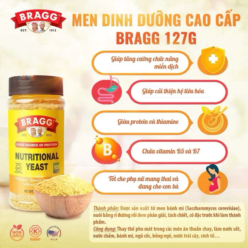 Men dinh dưỡng Nutritional Yeast Bragg 127g Mỹ cho bé ăn dặm, người ăn chay vegan.